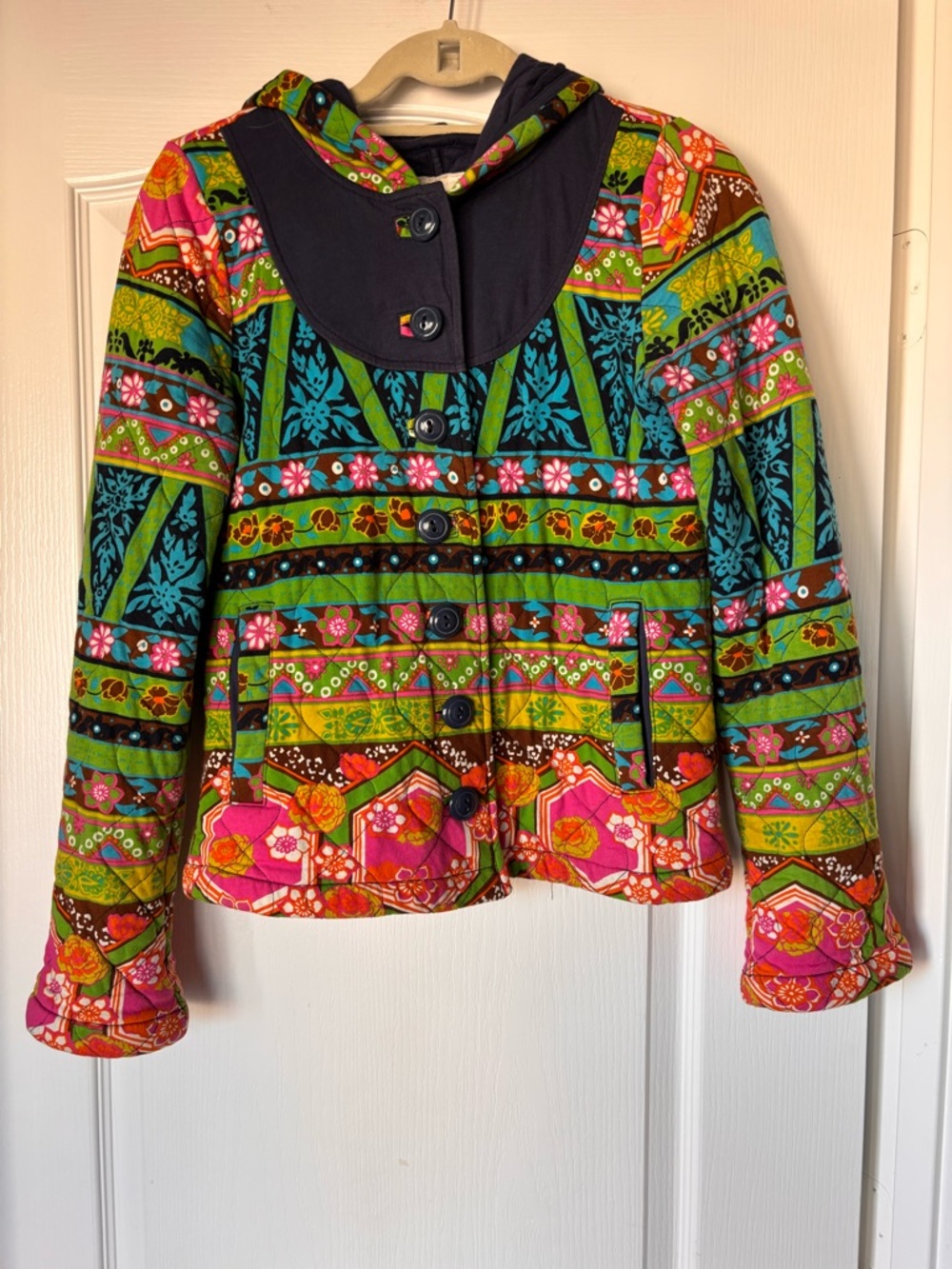 Anthropologie Multicolor Patterned Hooded Jacket - Pink, Green, Blue, Brown